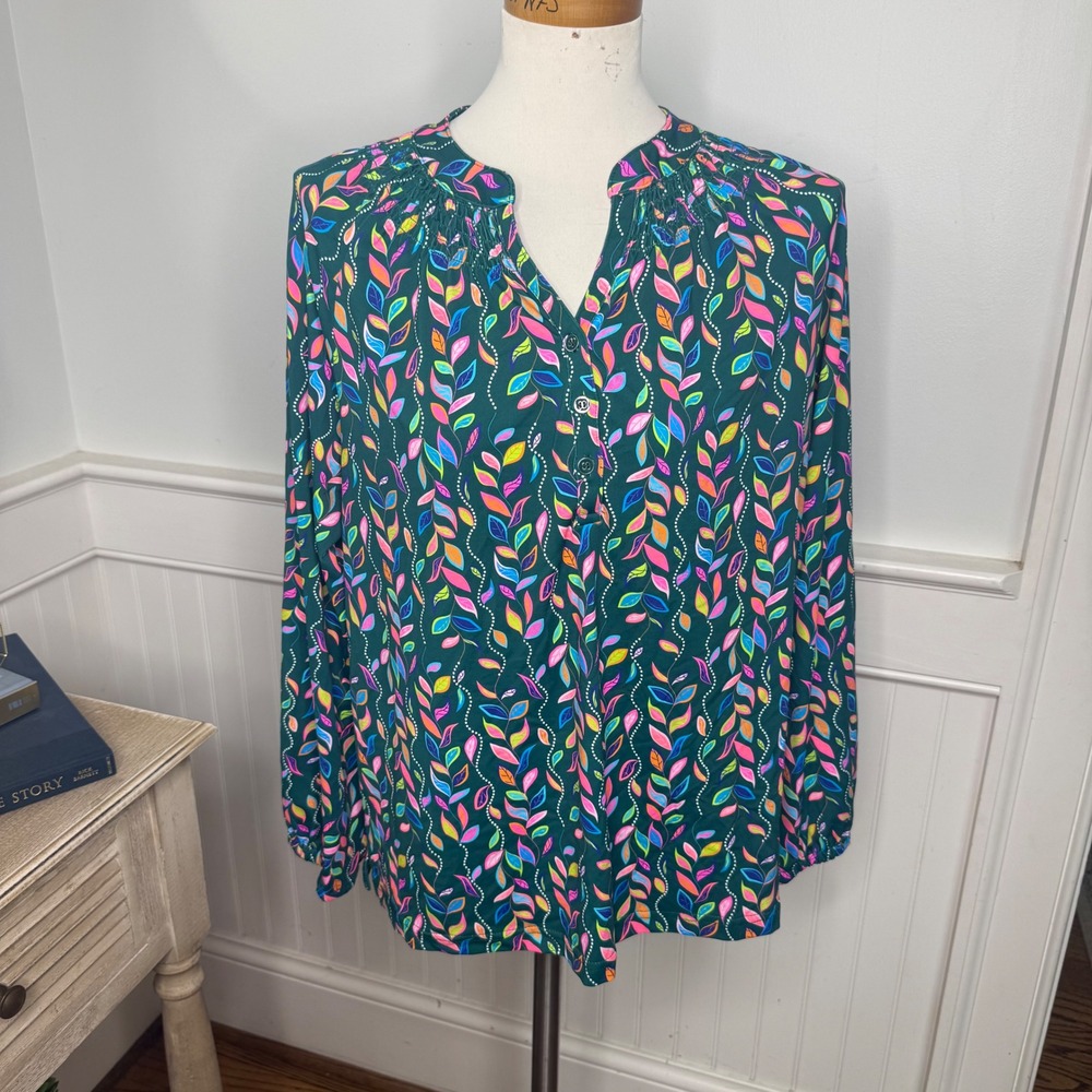Lulu-B Colorful Comfy Clothing Green Leaf Print Smocked Blouse XL Top
